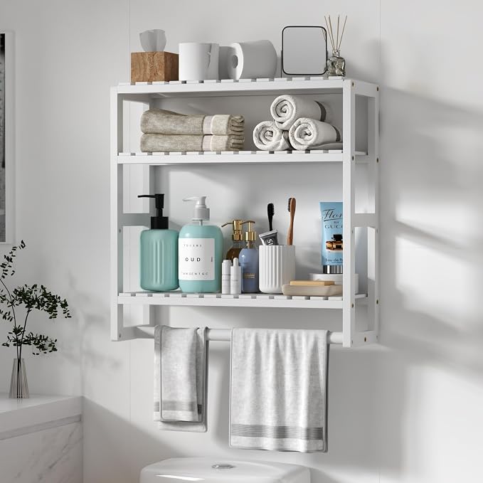 Galood Over The Toilet Storage Bathroom Shelves Wall Mounted 3 Tier Space Saver Corner Shelf Organizer Bamboo Towel Rack Toilet Paper Cabinet with Hanging Rod White