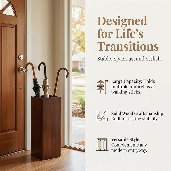 OUNONA Solid Wood Umbrella Stand Elegant Entryway Organizer for Indoor and Outdoor Use Heavy Duty Umbrella Holder for Lobbies Dark Walnut