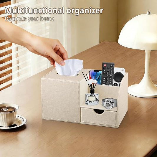 Nightstand Organizer with Tissue Holder,PU Leather Square Tissue Box Cover,Modern Facial Paper Organizer Storage Box for Remote Control,Bathroom,Vanity Countertop,End Table Home Office.Beige