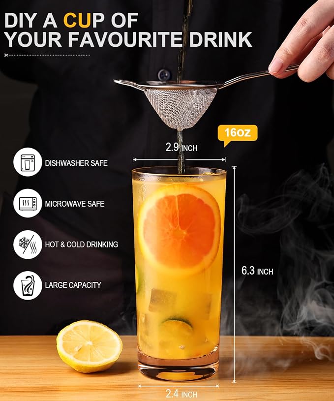 Drinking Glasses Set of 4, 16oz Wide Mouth Water Glass Cups, Lead-Free Crystal Glassware Set, Tall Cocktail Tumblers for Mojito, Tom Collins, Highball Glasses