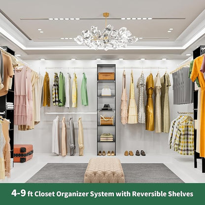 Closet System, 17" Wide Closet Organizer System with 3 Hanging Rods, Wood Tower Closet Storage for Walk In Closets, Wall Mounted Wardrobe Organizer Kit, Bedroom, Fits Spaces 5-9 ft, Black