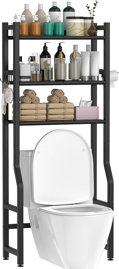 Livilord 3 Tier Over The Toilet Storage Rack with Toilet Paper Holder, Metal Freestanding Bathroom Shelves with 4 Hooks, Over Toilet Storage Shelf for Bathroom Storage, Black