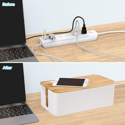 Cable Management Box Organizer, Set of 2 Bamboo Lid Large Storage Wire Holder to Conceal Hide Surge Protector, Power Strips Cord on Desk Floor, with 5 Cables Tape for Home Office Computer TV USB Hub
