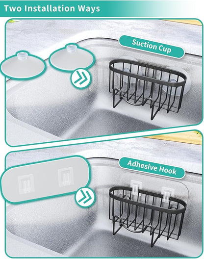 HapiRm Multifunctional Sponge Holder with Unique M-Shaped, 2 Installation Methods Kitchen Sink Caddy Organizer, Rustproof Stainless Steel Sponge Caddy for Brush, Sink Stopper and Scraper -Black