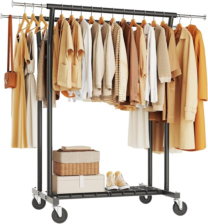 HYSEYY Heavy Duty Clothes Rack, Rolling Clothing Rack for Hanging Clothes with Shelves Load 700LBS,Portable Garment Wardrobe Closet Rack with Wheels for Bedroom,Laundry Room,Retail Store,Black
