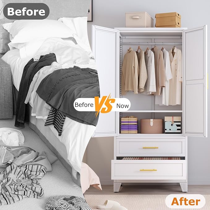 Metal Wardrobe Storage Cabinet with Mirror and Hanging Rod,71'' Metal Clothing Cabinet with 2 Doors and 2 Drawers and Adjustable Shelves for Bedroom, Laundry Room, Cloak Room (White)