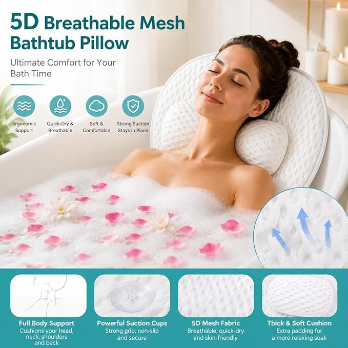 Bath Pillows for Tub,Luxury Bath Pillow for Neck and Back Support-with Comfortable Breathable Cotton 6 Non-Slip Suction (Extra Thick Style)