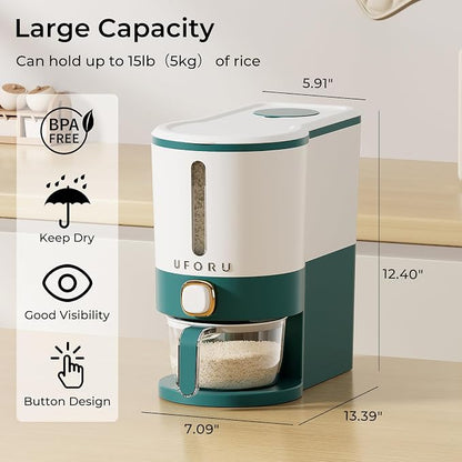 UFORU Rice Dispenser, Rice Storage Container with Measuring Cup for Kitchen Pantry Household, Dry Food Storage Containers Airtight, Sealed Moisture Proof (Green 11 Lbs)