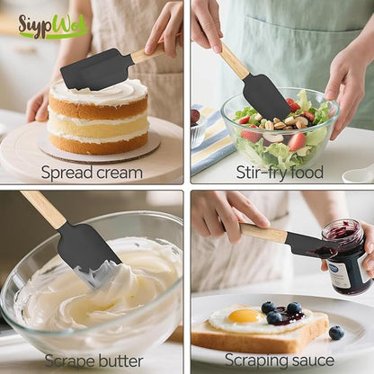 5 Pcs Silicone Spatula Set,Food Grade Silicone Spatula Nonstick Rubber Spatulas with Wooden Ergonomic Grip,Spoonula,Jar Scraper for Cooking,Baking,Mixing,Frosting-Heat Resistant Up to 428°F(Black)