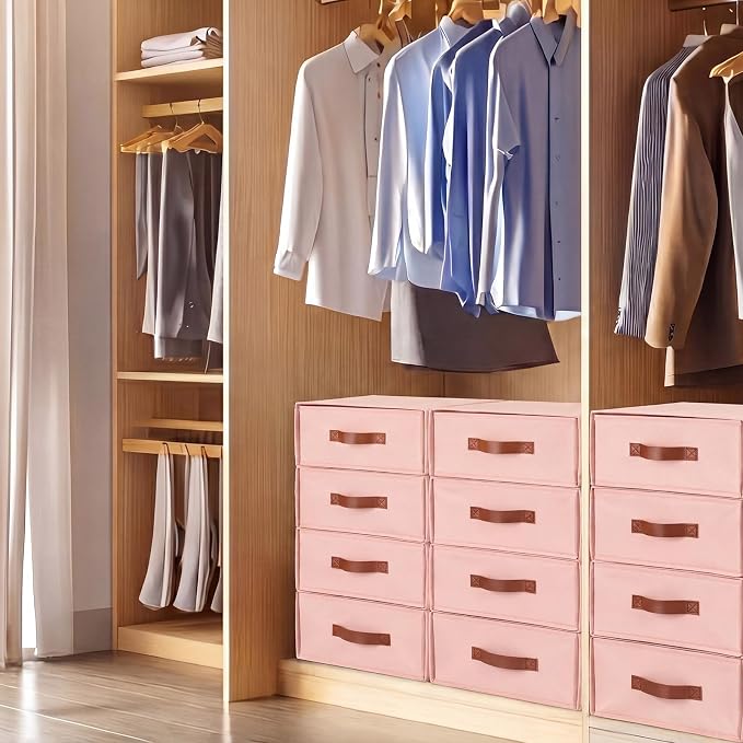 Windyun 4 in 1 Stackable Storage Drawers Closet Organizer with Dividers for Socks Underwear Bras Scarves Ties Large Dresser Organizer Bins Foldable Clothes Storage Boxes, 12 x 15 x 6 Inch(Pink)