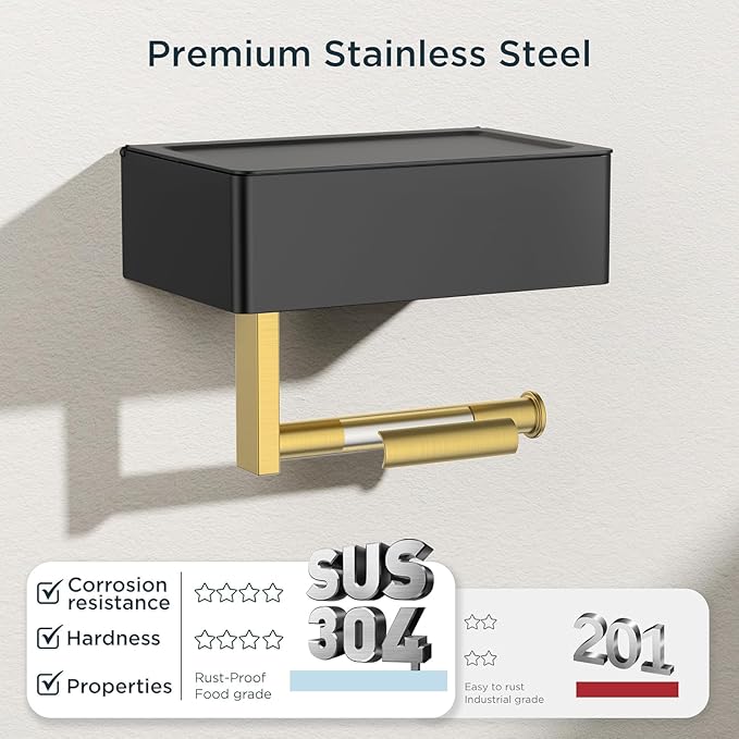 FORIOUS Toilet Paper Holder with Shelf, SUS304 Stainless Steel Wall Mount Toilet Paper Roll Holder, Flushable Wipes Dispenser Fits for Bathroom Wipe Storage, Bathroom Organizer (Black & Gold)