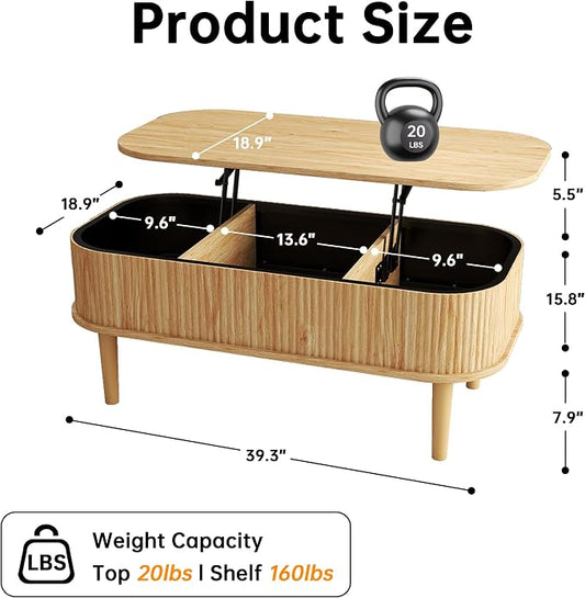Fluted Lift Top Coffee Table with Hidden Storage, Oval Coffee Table with Lifting Top, Mid Century Modern Design for Living Room, Office & Small Spaces, Natural
