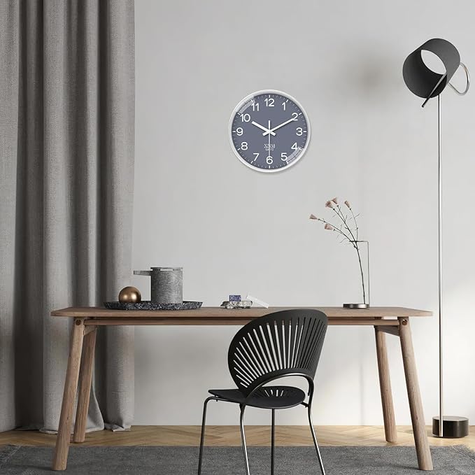 XNM 12 Inch Grey Modern Minimalist Wall Clocks Battery Operated Silent Non Ticking Classic Analog Clock for Living Room Bedroom Decor
