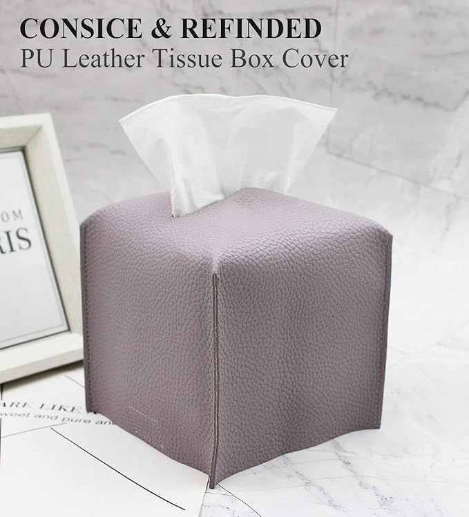 Livelab Tissue Box Cover, Square Decorative PU Leather Tissue Box Holder Modern Tissue Case Facial Paper Organizer Dispenser for Bathroom, Vanity Countertop, Night Stand, Desk 5X5X5'' | Light Purple