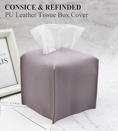 Livelab Tissue Box Cover, Square Decorative PU Leather Tissue Box Holder Modern Tissue Case Facial Paper Organizer Dispenser for Bathroom, Vanity Countertop, Night Stand, Desk 5X5X5'' | Light Purple
