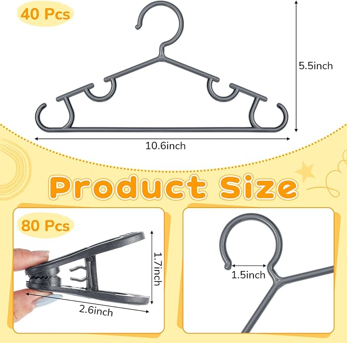 Hsei 5/10/40 Pack Baby Hangers with 10/20/80 Clips, Plastic Kids Pants Hangers for Nursery Closet Top and Bottom Clothes Hanger Set for Newborn Infant Toddler(120 Packs Total,Gray,10.6 Inch)