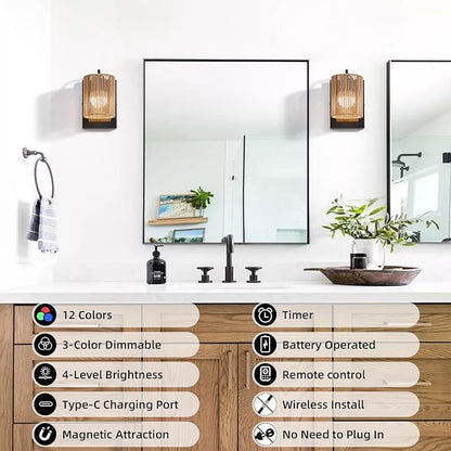 Battery Operated Wall Sconces Set of 2, Wireless Boho Rattan Wall Lights with Dimmable Bulbs, Remote & 12-Color RGB, Rechargeable Lamps for Bedroom, Living Room, Hallway Indoor Lighting