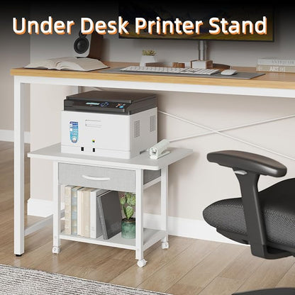 YAOHUOO 22"x15" Large Printer Stand with Drawer, 2-Tier Rolling Table Cart | Under Desk Printer Table,Storage Fabric Drawer,Fit printer/fax/3d/scanner,4 Lock Wheels or Feet,For Home Office Dorms,White