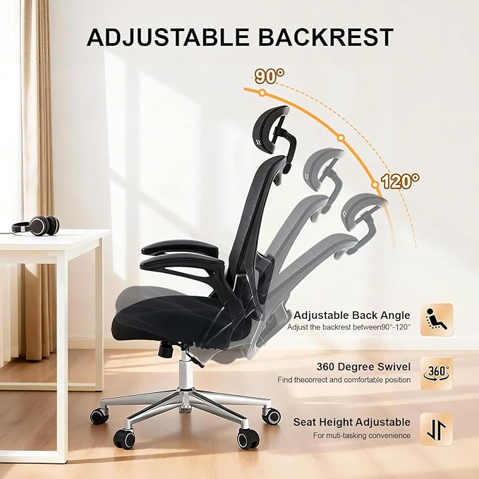 Ergonomic Office Chair - High Back Mesh Computer Desk Chair with Adjustable Lumbar Support, Headrest & Armrests, 300lbs Capacity (Black)