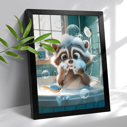 A Raccoon Covered In Foam In The Bathtub For Bathroom Wall Decor Framed Cute Animal Wall Decor For Bathroom Washroom Restroom Decor Rustic Humor Wall Poster (Black Framed) 8x10 Inch