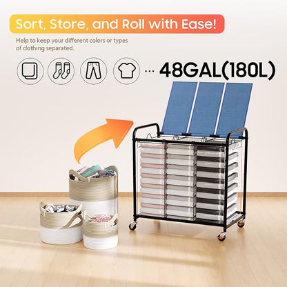 180L (47.55 Gal) Laundry Sorter 3 Section, Rolling Laundry Basket with Lockable Wheels and Lid, Laundry Hamper with 3 Separated Removable Bags Dirty Clothes Hamper for Laundry Room Organizer, Blue