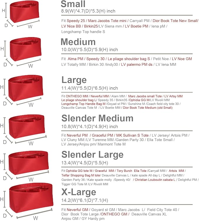 ZTUJO Purse Organizer Insert For Handbags, Silk Purse Organizer with Zipper, Silky Smooth, Bag Organizer For Speedy Neverfull Tote,onthego,Artsy, 6 Sizes(Slender Medium, Silky Red)
