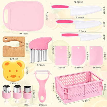 28PCS Toddler Knife Set - Kids Knifes for Real Cooking, Wooden Kids Kitchen Knife Set with Gloves Cutting Board Crinkle Cutters Kid Safe Knives, Toddlers Kitchen Tools (Crocodile 16PCS Set)