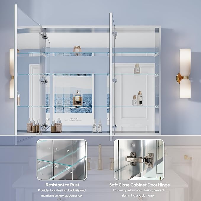 WELLFOR 40" x 36" Bathroom Medicine Cabinet with Mirror, Anodized Chrome Aluminum Frame, Surface Mount or Recessed Medicine Cabinet with Mirror, Bathroom Mirror with Storage, Double Doors