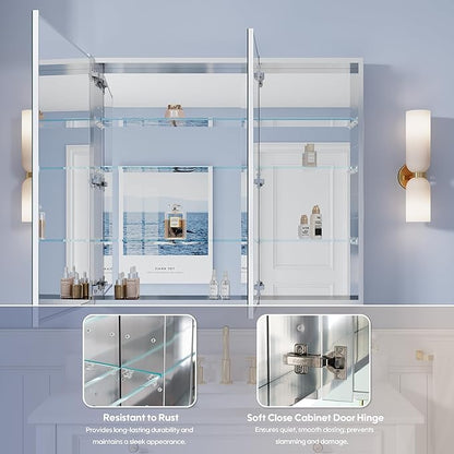 WELLFOR 40" x 36" Bathroom Medicine Cabinet with Mirror, Anodized Chrome Aluminum Frame, Surface Mount or Recessed Medicine Cabinet with Mirror, Bathroom Mirror with Storage, Double Doors