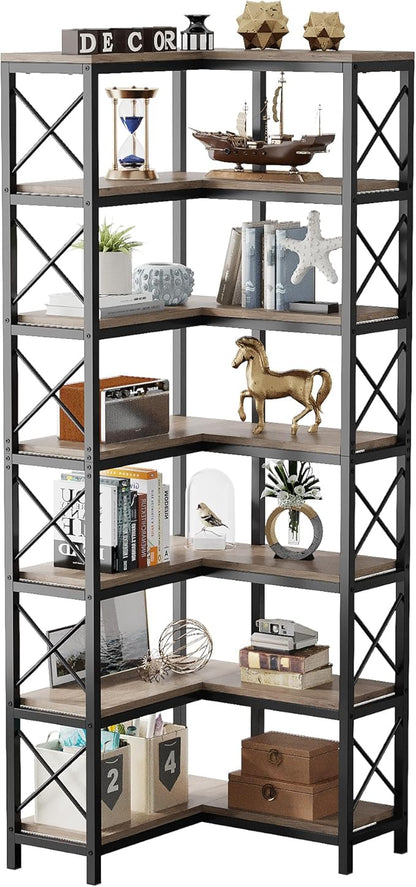 Tribesigns 7-Shelf Corner Bookshelf,Large Modern Corner Bookcase, 7-Tier Tall Corner Shelf Storage Display Rack with Metal Frame for Living Room Home Office (Grey)