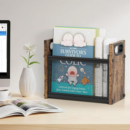 Rustic Magazine Holder, Wood Magazine Rack Floor, Magazine Storage Basket, Mesh Magazine File Holder, Magazine Holders for Shelves，Magazine Stand for Desk, Folder Organizer Bin for Magazines