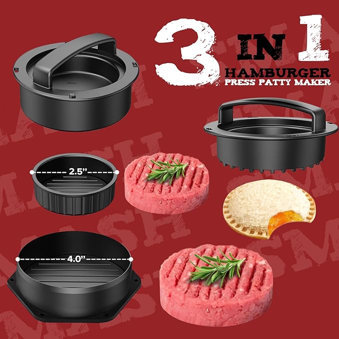 Grilliance Smash Burger Press Kit, 3 in 1 Hamburger Press Patty Maker, Dark Black Cast Iron Burger Press, Cleaning Pad Set for Grill, Griddle, Flat top, Kitchen, Cooking