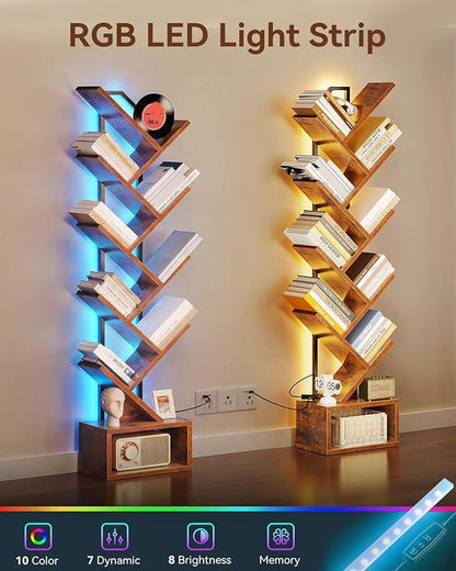 Casaottima Tree Bookshelf with LED Lights, 8-Tier Narrow Bookcase for Small Spaces, Tall Steel & Wood Storage Shelf with Cabinet, Home Decor & Organizer for Living Room/Bedroom/Home Office, Vintage