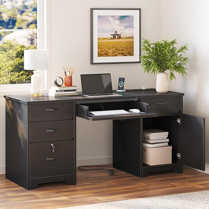 Bestier 59” Office Desk with Lockable Drawers, Modern Computer Desk with File Drawer, Charging Station & Drop-Front Keyboard Drawer, Executive Desk with Storage Cabinet for Home Office & Studio, Black