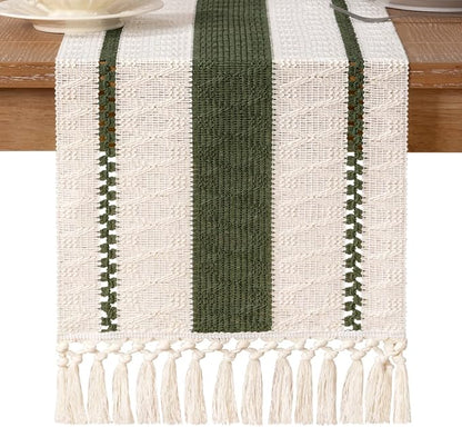Socomi Boho Table Runner Valentine's Day Farmhouse Rustic Dining Kitchen Centerpiece Decor Small Macrame Woven Cotton Linen Coffee Table Runner for Dresser Scarf Home Decor 12x90 inch Olive Green