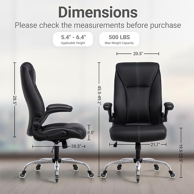 Big and Tall Office Chair for Heavy People, 500LBS High Back Extra Wide Executive PU Leather Office Chair with Flip-Up Armrests, Quiet Rubber Wheels, Comfortable Home Office Desk Chair