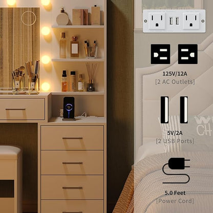 55'' W Makeup Vanity with Mirror & Lights, 10 Drawers Vanity Desk with Charging Station, 6 Open Shelves, 3 Lighting Modes Brightness Adjustable, Glass Top Vanity with Chair for Bedroom, White