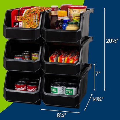 ReadySpace Plastic Containers for Organizing and Storage Bins for Closet, Kitchen, Office, Garage or Pantry Organization, Stackable Bins, Large (14.8" x 8" x 7"), 6-Pack, Black