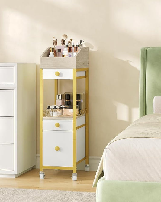 CHOEZON Makeup Organizer Storage Cart with Drawers, Floor-Standing Makeup and Skincare Organizer with Wheels, Bathroom Vanity Make Up Organizers for Brush, Hair Tool, White, Gold, and Natural TCJ90JW