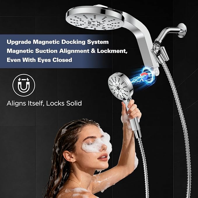 High Pressure Rain Showerhead Combo, 2026 Magnetic Shower Head Set with Detachable 8-Mode Handheld Shower Spray, Adjustable Angle Dual Showerhead System with Built-in Magnetic Docking and Power Jets