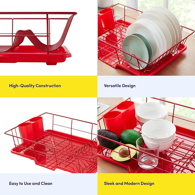 Sweet Home Collection Space-Saving 3-Piece Dish Drainer Rack Set: Efficient Kitchen Organizer for Quick Drying and Storage - Includes Cutlery Holder and Drainboard - Maximize Countertop Space, Red
