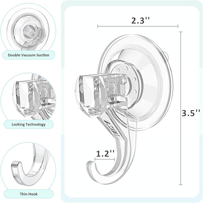 VIS'V Suction Cup Hooks, Small Shower Suction Hooks, Heavy Duty, Removable and Reusable, Clear, 4 Pcs