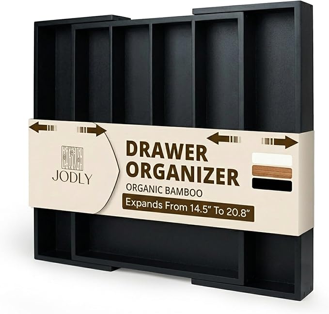Bamboo Kitchen Utensil Drawer Organizer for Silverware | 100% Natural Expandable 14-20 Inch Kitchen Drawer Organizers for Utensils | Non-Slip Base | Screwed Joints for Long-Lasting Durability