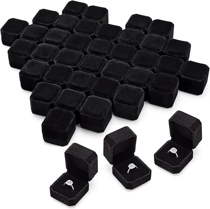 Thinkday 48 Pcs 2.13 x 2.01 x 1.54 in Velvet Ring Box Display Jewelry Storage Case for Christmas Wedding Engagement Gifts(Black)