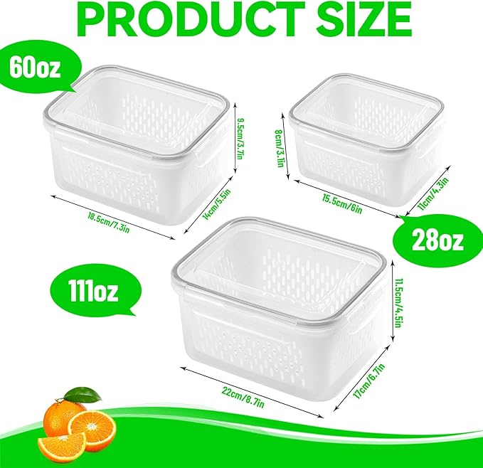 Fresh Produce Storage Containers for Fridge, 3 Pack Fruit Vegetable Keeper with Drain Basket & Airtight Lid, BPA Free Fridge Organizer Bins for Berries, Salad, Meal Prep, 28oz 60oz 111oz