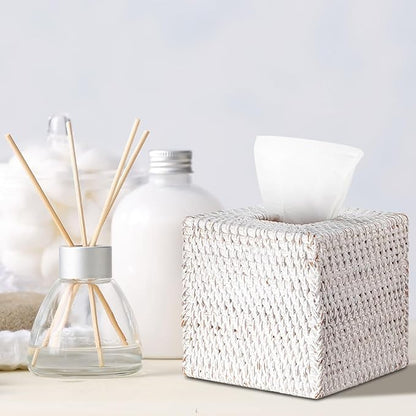 Kigley 2 Pcs Square Rattan Tissue Box Cover Boho Wicker Tissue Cube Box Cover 5.5'' x 5.5'' x 5.5'' Decorative Natural Wicker Hand Woven Napkin Box Holder Bathroom Office Car Accessories (White)