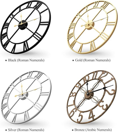 Gold 30 Inch Extra Large Wall Clock for Living Room Kitchen Mantel, Battery-Operated Metal Roman Number Round Decorative Big Clock for Bedroom, Silent Non-Ticking