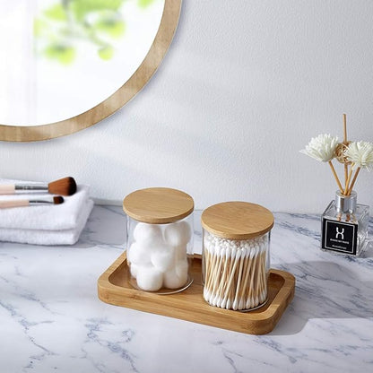 INIUNIK Glass Qtip Holder with Vanity Tray, Apothecary Jars Bathroom Accessories Bathroom Canisters Organizer Countertop Q Tip Holder for Cotton Ball Round Swab Pad Hair Ties Floss Perfume Jewelry