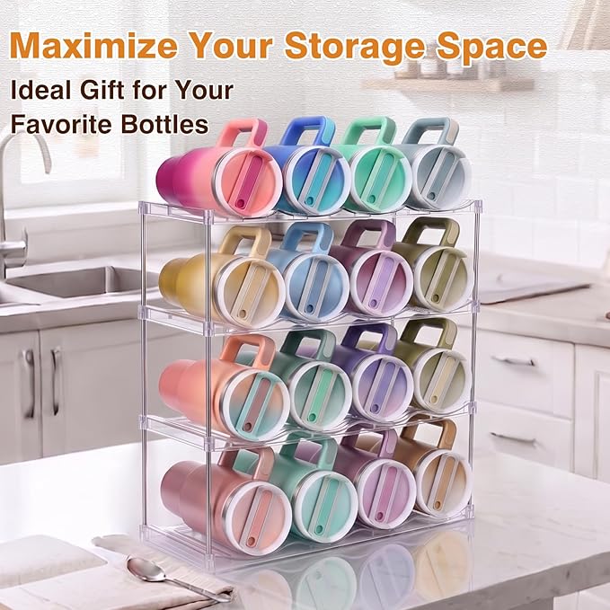 Large Compartment Water Bottle Organizer, Stackable Water Bottle Holder for Stanley 40 oz Tumbler, Clear Tumbler Organizer for Cabinet, Kitchen Pantry or Countertop, 3 Pack (4 Pack)