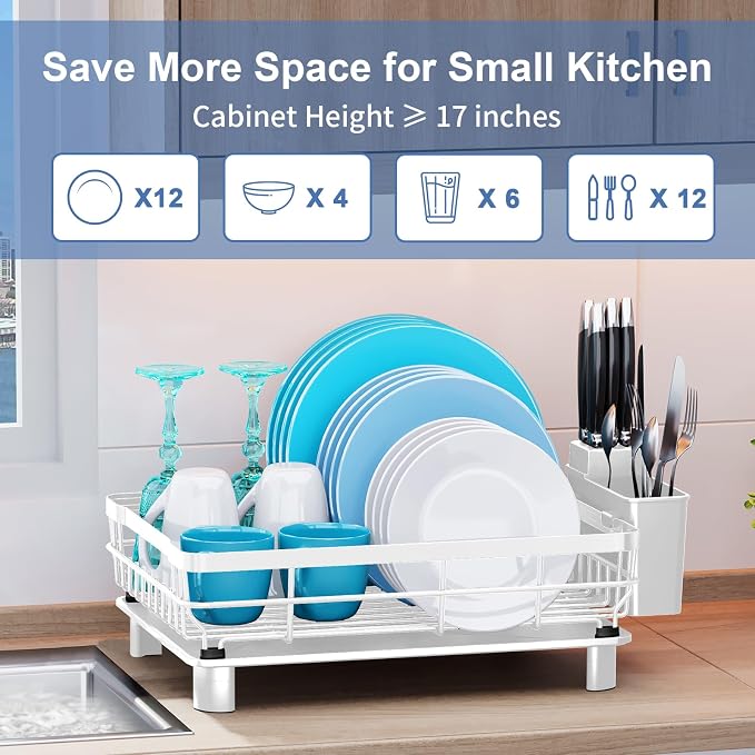 MOUKABAL Dish Drying Rack, Dish Rack, Stainless Steel Dish Racks for Kitchen Counter, Dish Drainer with Removable Utensil Holder, Drainboard (White,13''W x 17''L)